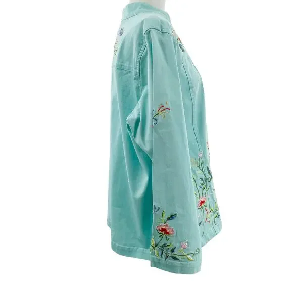 Quacker Factory Aqua Blue Floral Multicolor Embroidery Mock Neck Jacket Women 1X - Picture 4 of 14